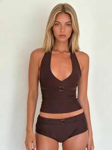 Women's Summer Tankini Swimsuit Set Fashionable Solid Color Halter Tops With Micro Shorts 2Pcs Bathing Suit - Coffee Brown - View 5