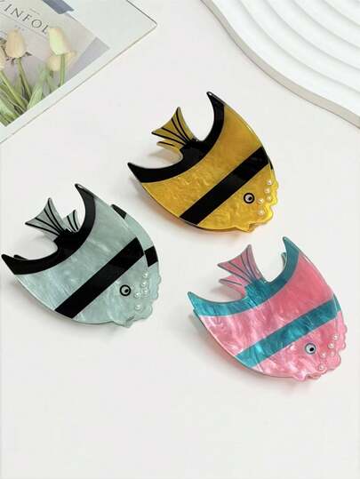 1件装女士甜美可爱仿珍珠海洋元素仿条纹鱼发夹，粉色、黄色、蓝色可选，马尾发髻发型配饰，适合海滩度假、日常出行，优雅可爱