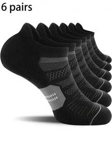 6 Pairs Men's Summer Thin Anti-Odor Short Socks, Sweat-Wicking Breathable Mesh Sports Low-Cut Socks, Black & White - Black - View 6