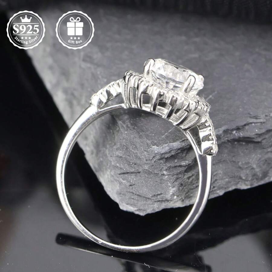 1pc S925 Silver Moissanite Wedding Ring, Suitable For Engagement, Wedding Ceremony, Wear For Anniversary, High-Quality Gift For Wife On Valentine's Day - Silver - View 1