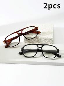 2pcs Men's Double-Bridge Retro Square Eyeglasses, Stylish & Minimalist Fashion Decorative Glasses - 2-piece Combo Pack (Tea + Black) - View 3