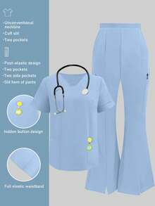 Solid Color V-Neck Short Sleeve Top And Split Flare Pant Lab Coat Nurse Scrub Uniform Set, Scrub Uniform For Pet Hospital Clinic Private Nursing Work Outfit Top And Pant With Pockets - Màu xanh nhạt - Xem 1