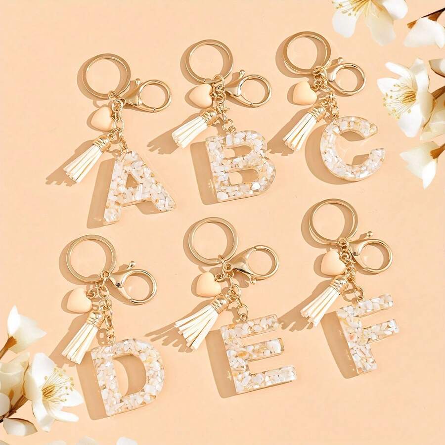 1 móc khóa chữ cái đầu màu be trung tính kèm tua rua hình trái tim dễ thương, phụ kiện túi xách, quà tặng tiệc tùng, thích hợp làm quà tặng cho bạn bè. - Màu be - Xem 1