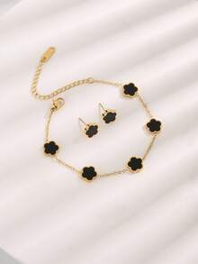 3件套不锈钢花朵装饰手链和耳环套装，适合女性日常佩戴，情人节、母亲节礼物。 - 黑色 - 查看 12