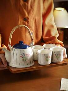 DearDali Original Striped Floral Ceramic Tea Set, Minimalist French Style With Bamboo & Wood Handle Teapot, Household Tea Set For Entertaining Guests Or Personal Use, Living Room Decor Teapot & Cups, Ideal For Tea Lovers