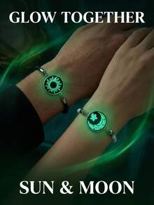 2pcs/Set Handmade Black & White Couple Bracelet Set, Moon & Star Glass Luminous Bracelet - Black and White - View 2