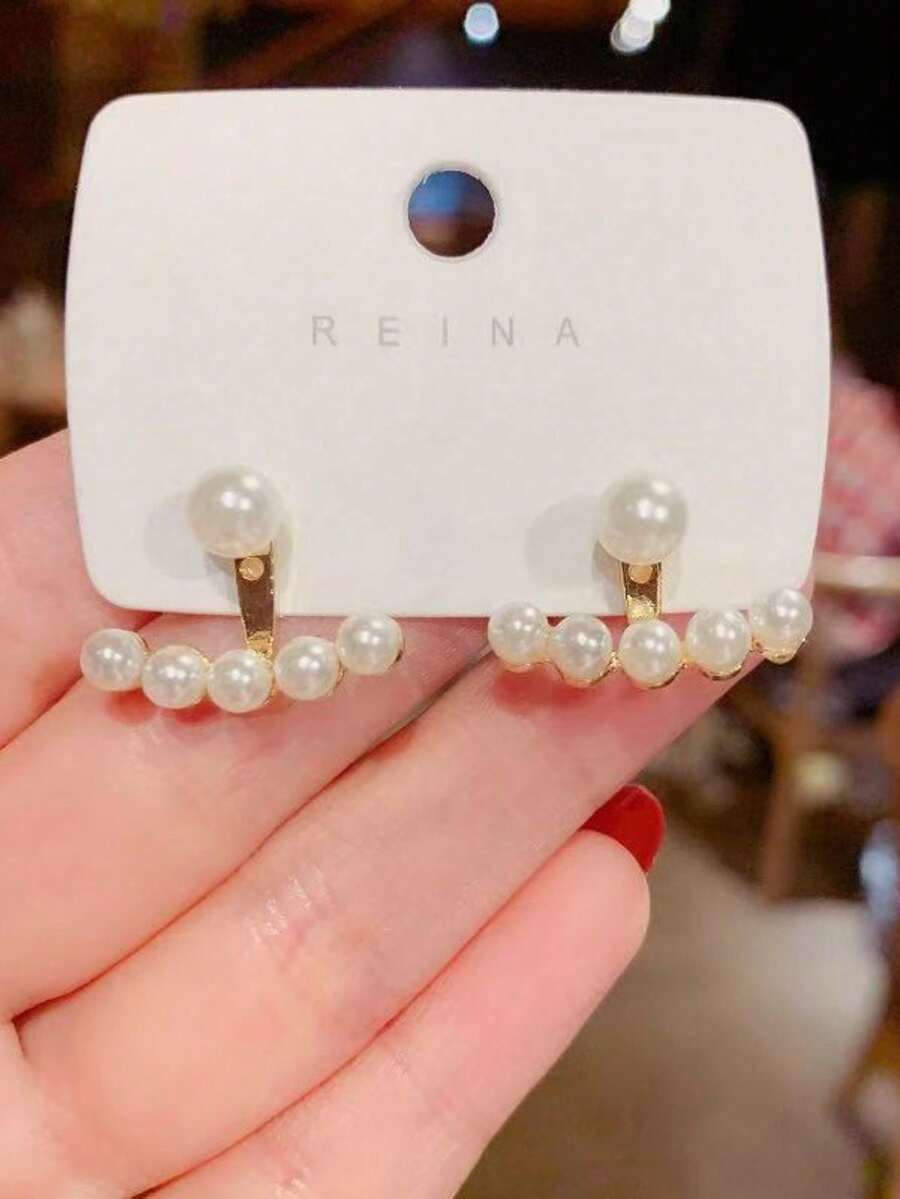 一对优雅仿珍珠耳钉，百搭法式风格女士耳环 - 彩色 - 查看 1