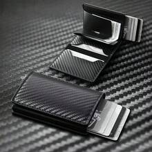 Automatic Pop-Up Card Design Card Holder. Unisex Super Thin Card Holder Wallet, Ultra-Thin Minimalist RFID Blocking Metal Wallet, Carbon Fiber And Leather Card Sleeve, Can Hold Credit Cards, ID Cards, Cash And Business Cards. - Multicolor - View 7