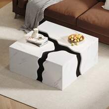 Living Room Coffee Table, 70 X 70 X 31 Cm, Geometric Cubic Design, Side Table With Drawer, Uniquely Shaped Marble Veneer Table, Coffee Table, Storage Table, Game Table - White - View 3