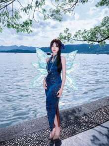 National Style Butterfly-Wing Fairy Dress: A Green Bamboo-Style Dress Paired With A Shimmering Chiffon Skirt Adorned With Gold-Foil Butterfly Wings, Flowing Between The Spring Cherry Blossoms By The Lake And The Starry Celestial Realm, Embodying The Romantic Charm Of An Eastern Fairy. - Multicolor - View 5