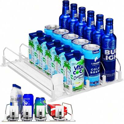 Organizador de Bebidas, Automático Dispensador 20 Latas de Soda para Refrigerador, Estante para Bebidas Deslizante Ajustable, Accesorios para Refrigerador Comercial y Refrigerador Cocina