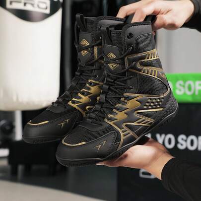 Men's Wrestling Shoes, Martial Arts Shoes, Boxing Shoes, High-Top Combat Shoes, Training Shoes, Boots, Muay Thai Boxing Shoes, Fitness Kickboxing Shoes, High-Quality Men's Professional Sports Shoes, Comfortable Non-Slip Durable Breathable Ankle Support Textured Sole