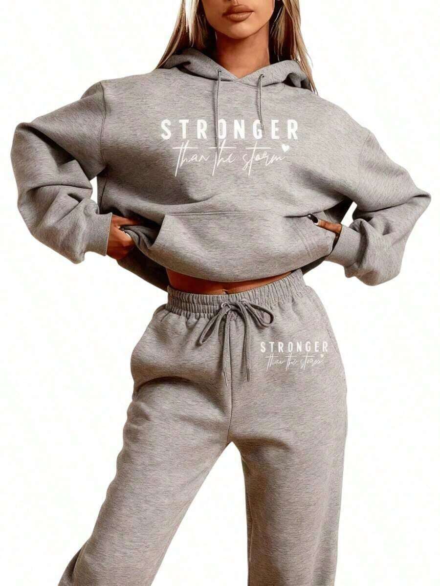 Valentines SweatshirtsWomen Winter Clothing LC Women's Casual Style - "Stronger Than The Storm" Letter Print Hoodie, White, Loose Fit, Perfect For Autumn And Winter Wear, Comfortable Clothing |   Loose Fit Hoodie |   Halloween Clothing, Thanksgiving Clothing, Autumn Winter Hoodies, Men And Women General Short Socks, Large Size Autumn Clothing, Sweatshirts, Women's Autumn Clothing |   Loose And Comfortable Women's HoodiesLoose And Comfortablehoodie - 灰色 - 查看 1