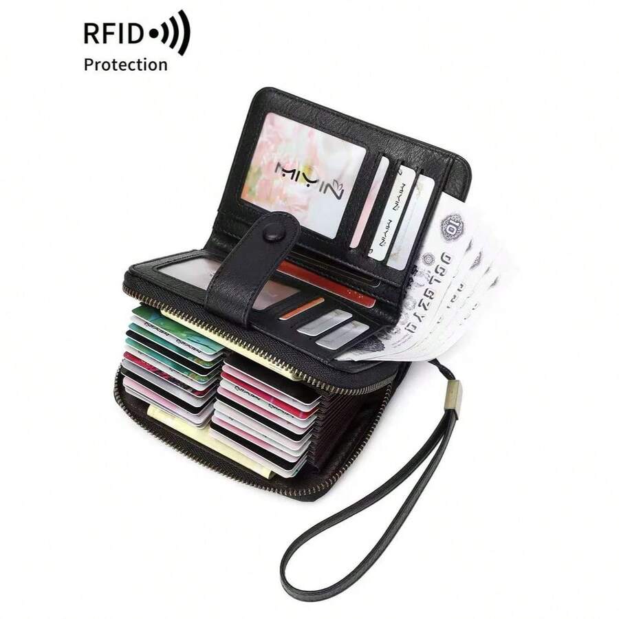 Cartera corta con bloqueo RFID - Gran capacidad, monedero vintage con cremallera y muñequera - Bolso multiusos con múltiples ranuras para tarjetas de crédito para hombres y mujeres, cartera con cremallera multifunción, tarjetero de estilo vintage (Negro) Cartera con muñequera a prueba de robos para mujeres, cartera, monedero, cartera RFID