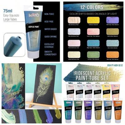 Professional 12 Color Set Of Iridescent Acrylic Paint, Large 75ml Tubes - Luminescent Special Effect Chameleon Color - Shifting Pearl Colors - Artist Canvas Painting, Paper, Wood, Rock
