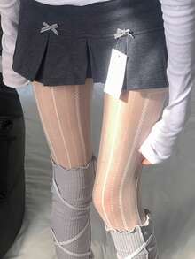 1 Pair Vertical Striped Sheer Pantyhose, Sexy Black Stockings, Summer Thin Leg Flattering White Tights - Multicolor - View 7