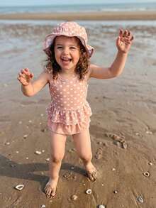 3Pcs Toddler Baby Girl Summer Swimsuit Cute Heart/Dot Print Ruffle Tank Tops With Bottom Hat Bathing Suit - Khaki - View 4