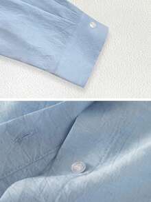 女士休闲通勤褶皱纹理面料前短后长宽松落肩长袖衬衫 - 淺藍色 - 查看 6