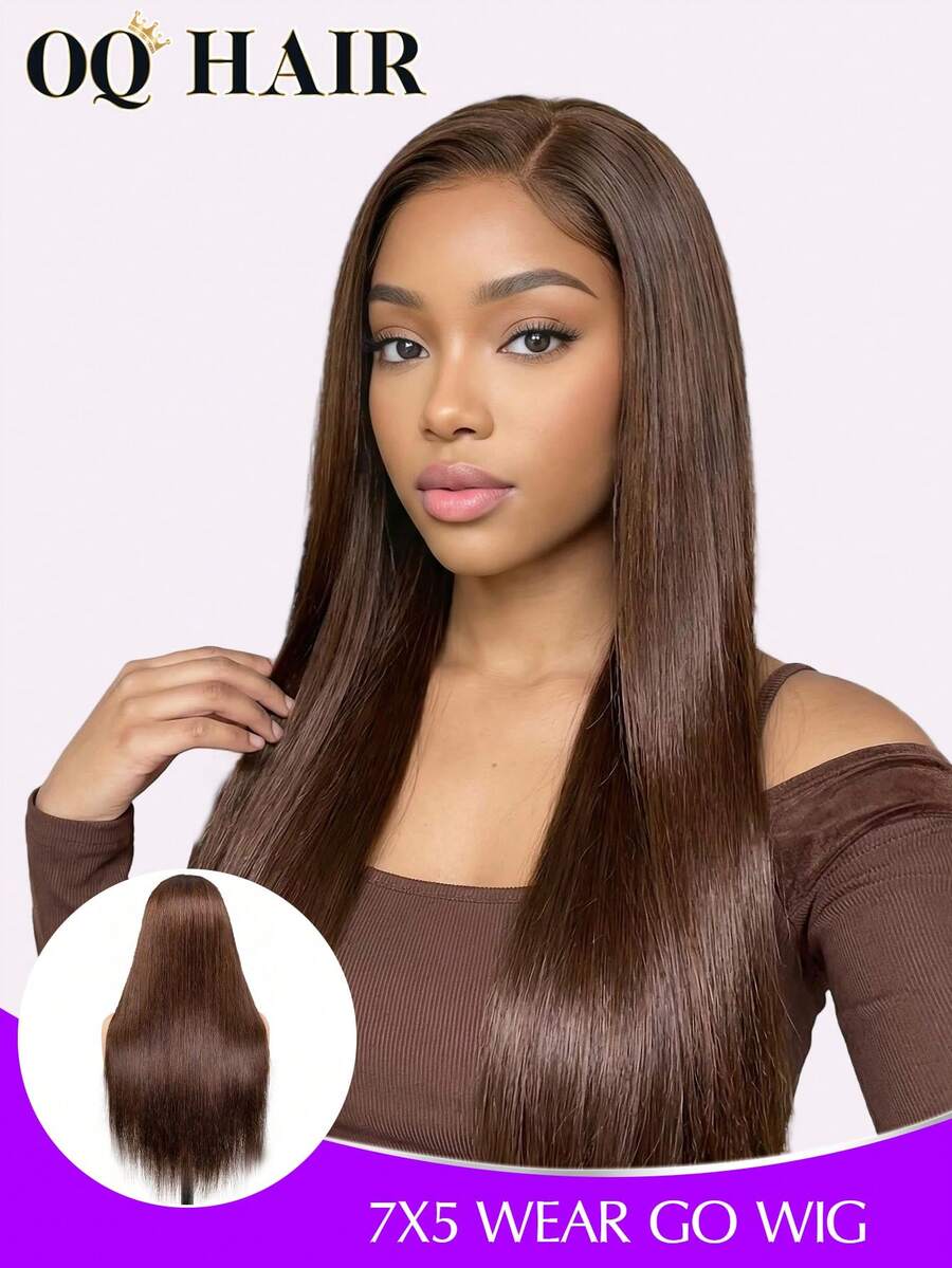 OQ 200% Dichte 16-28 Zoll gerade braune klebefreie Perücke 7x5 vorgefertigter Haaransatz Lace Frontal 100% natürliches Echthaar klebefreie glänzende Perücke - S4 - Übersicht 1
