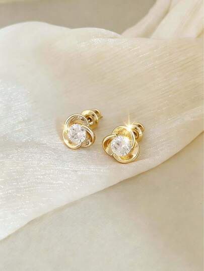 2pcs Women's Elegant Clover Zirconia Stud Earrings, Copper Inlaid Earrings, Suitable For Daily Wear