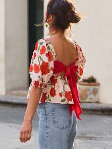 Camisa de mujer Camisa de verano de moda vintage con estampado, escote cuadrado, espalda descubierta y lazo, versátil - Rojo - Ver 3