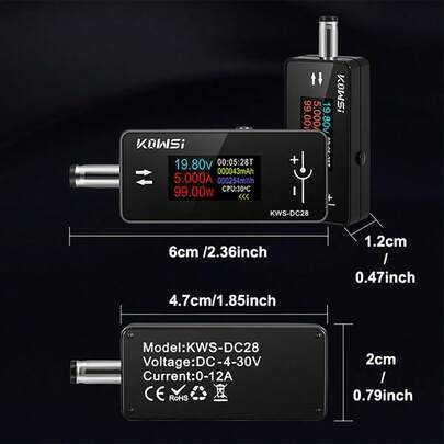 KWS-DC28 Charging Tester, Supports 12A High Current DC5525 Interface, Voltage Meter, Power Meter