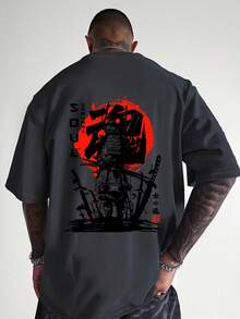 AnChiStreetwear - Áo thun nam cỡ lớn tay ngắn dáng rộng, in hình Samurai Tokyo sáng tạo, cổ tròn thoáng khí - Mặc hàng ngày, tay ngắn, thời trang, tối giản - Xám - Xem 1