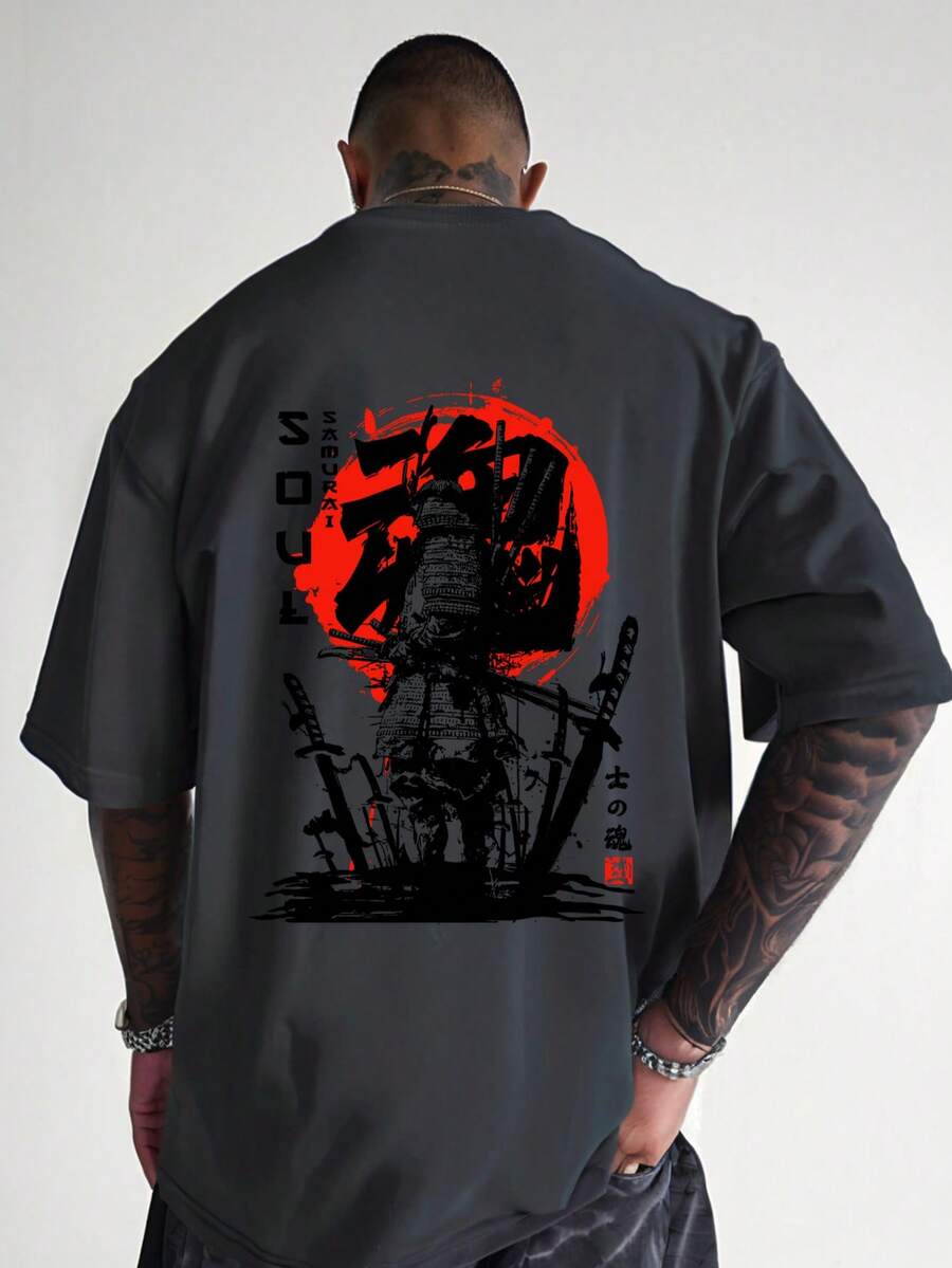 AnChiStreetwear - Áo thun nam cỡ lớn tay ngắn dáng rộng, in hình Samurai Tokyo sáng tạo, cổ tròn thoáng khí - Mặc hàng ngày, tay ngắn, thời trang, tối giản - Xám - Xem 1