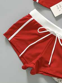 Set de costume de baie pentru femei, cu top scurt roșu, combinat cu pantaloni scurți de vară drăguți și un top de vară drăguț, costum de baie perfect pentru aeroport și vacanța la piscină de 4 iulie - roșu - Vizualizare 11