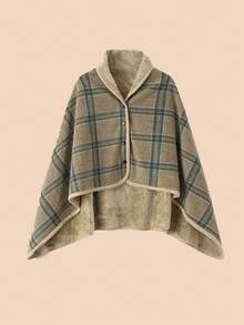 1件加厚双层格子法兰绒披肩毯，多功能，居家办公皆宜，可作休闲毯、孕妇毯、保暖斗篷、围裙、披毯，是送给女性的绝佳礼物，适合秋冬季搭配连衣裙。