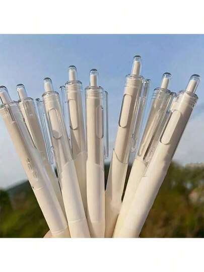 10pcs Pearl White Retractable Ballpoint Pens, Medium Black Tip, Gel Ink, Smooth Writing, Carbon Fiber Barrel, High-Quality Fashionable Pens Suitable For Daily Office, Study, Home Office Use, Essential For Writing, Streamlined Writing Tool, Elegant, Smooth Ink Flow, Quick-Drying Ink, Neutral Pen, Retractable, Suitable For Office Workers And Writers.