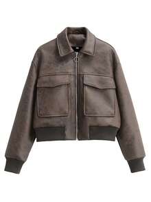 Women's Faux Leather Brown Biker Jacket, Short Distressed Coat - Brown - View 12