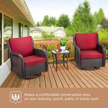 Set de Patio de Mimbre con Sillas Giratorias y Mesa Lateral, Juego de Exterior con Mecedora 360° y Mesa de Vidrio Templado - Rojo - Ver 6