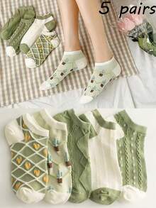 5 Pairs Of Women's Ankle Socks, Primarily In A Low-Saturation Green Hue, Paired With Elements Such As Diamond Patterns, Hearts, And Knitted Textures, Create A Naturally Healing And Forest-Inspired Atmosphere, Full Of Fun. They Are Comfortable And Won't Fall Off The Heel, Making Them Suitable For Wearing On Various Occasions Such As Valentine's Day - Multicolor - View 7