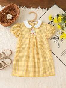 Girls' Yellow Plaid Collar Dress With Puff Sleeves, Duck Embroidery, Casual Fitted Cute Style, Suitable For Girls - Yellow - View 1