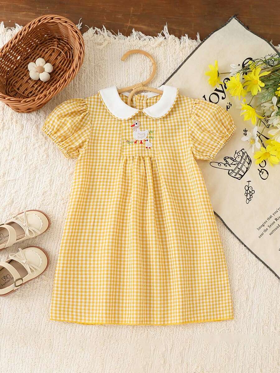 Girls' Yellow Plaid Collar Dress With Puff Sleeves, Duck Embroidery, Casual Fitted Cute Style, Suitable For Girls - Yellow - View 1