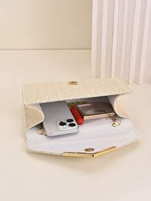 Envelope Style Summer Straw Clutch Bag | Gold V-Trim For Beach & Casual Outings |Casual-Elegant Straw Clutch | Woven Straw Clutch L Accent – Summer Essential - Beige - View 5