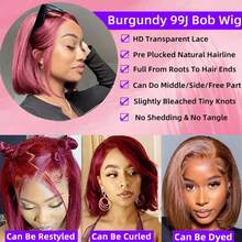 ZHENDEFA 13x4蕾丝前置短直波波头假发，带发际线，180%密度，真人发假发，女士款，自然黑/99J酒红色 - 彩色 - 查看 11