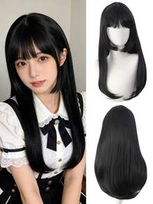 Peluca negra recta de 24 pulgadas de largo con flequillo, corte de princesa, cabello sintético natural para mujeres para cosplay y uso diario - Multicolor - Ver 2