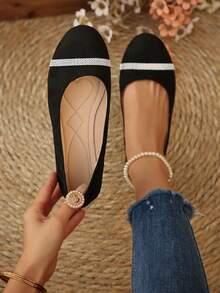 1 Pair Black Suede Rhinestone Embellished Flat Slip-On Shoes, Versatile & Simple Design For Teenagers, Spring/Summer - Black - View 4