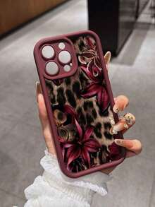 Cute Pink Lily Flower & Leopard Print Matte Anti-Drop Phone Case Compatible With IPhone 11, 12, 13, 14, 15, 16, 13 Pro Max, 16 Plus, 17 Pro Max, Scratch Resistant,Fashionable Valentine's Day Gifts,Summer Flower - 酒紅色 - 查看 3