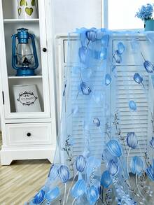 1 pieza Cortina transparente de iris azul, estilo minimalista moderno, tela de poliéster traslúcida y ligera, con ojales en la parte superior para una fácil instalación, adecuada para dormitorio, sala de estar, balcón - Azul - Ver 4