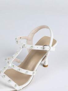 Chic Strap Metal Decor Pointed Toe Stiletto Heel Party Sandals - White - View 8