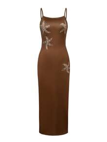 LovelyWholesale Women'S Casual Sequined Gold Starfish Print Adjustable Strap Elegant Long Summer Dress For Women - Brown - View 3