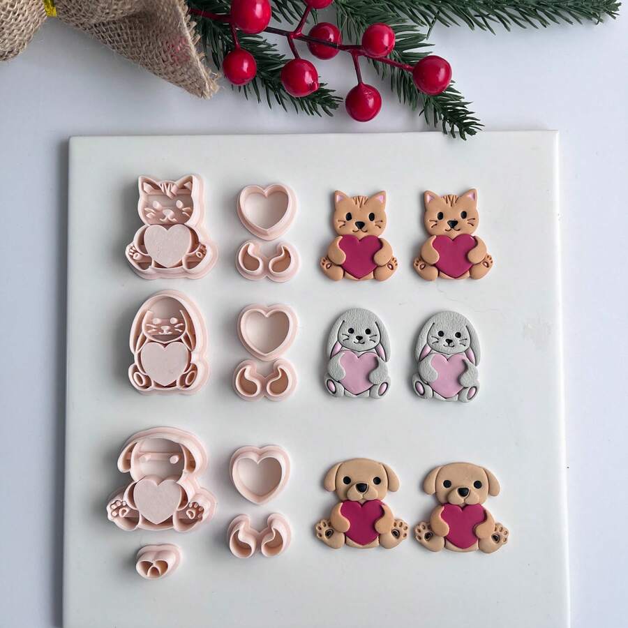 3/4件套情人节动物造型饼干模具，包括猫、狗、兔子和心形软陶切割模具，可用于DIY耳环，软陶工具，适合制作情人节礼物 - 杏色 - 查看 1