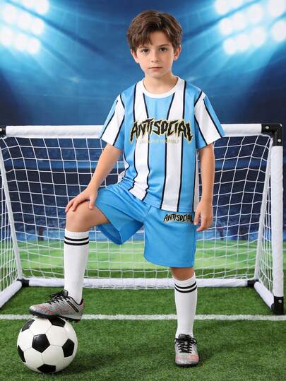 2pcs/Set Tween Boy's Casual Fashion Sporty Striped Letter Print Crew Neck Short Sleeve T-Shirt And Loose Solid Color Shorts, Suitable For Outdoor, Back To School, Commute, Social Gatherings, Spring/Summer