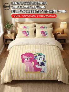 MY LITTLE PONY 2/3件套小马宝莉床上用品套装，可爱卡通图案，透气亲肤，柔软抗起球，家用纺织品，房间装饰，包含1个被套和1/2个枕套，不含被芯，适用于单人床/双人床/大号床/特大号床，四季皆宜，可机洗，优雅礼品，黄色 - 彩色 - 查看 8