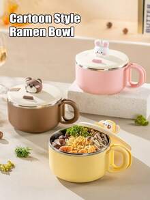 Cute Kitchen 1/2pcs 1200ml Stainless Steel Salad/Ramen Bowl, Large Capacity, Cute Cartoon Animal Design With Phone Holder, Suitable For Noodles, Pasta, Breakfast, Lunch, Dinner, Thanksgiving, Back To School, Also Can Be Used As Dinnerware, A Thoughtful Gift For Family And Friends - Multicolor - View 2