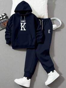 Men Letter K Print Drawstring Hoodie Sweatshirt & Pants 2-Piece Casual Suit, Fall Clothes - Royal Blue - View 2