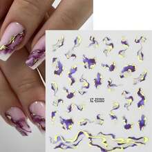 6pcs/3pcs 3D Marble Nail Art Decals Set With Golden Foil Ribbons, Blue And Purple Gradient Marble Effect, Matte Background 3D Self-Adhesive Nail Embellishments, Acrylic Nail Decals For Women's Manicure Supplies - Patterned Stripes, Glitter Finish, Cartoon Theme, Rectangle Shape, Single Use, Unscented - Multicolor - View 7